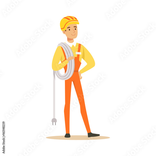 Repairman in uniform standing and holding a wire roll, electric man performing electrical works vector Illustration