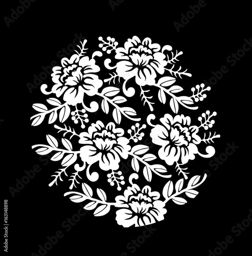 Vintage black and white Floral crown Vector summer roses silhouette pattern. Hand drawn illustration