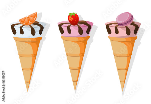 Icecream cones set delicious icon flat style. Vector sweet illustration