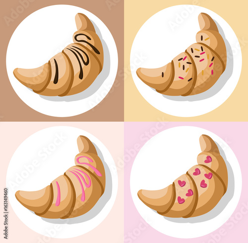 Croissant pattern. Fresh dessert. Chocolate and strawberry gem flavor Vector ...
