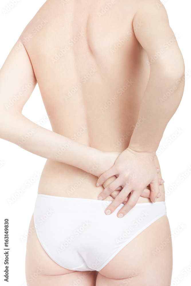 Young woman body low back pain, backache isolated on white, clipping path