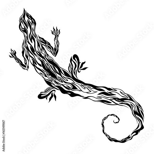 Decorative black isolated lizard on a white background (salamander), spectacular tattoo