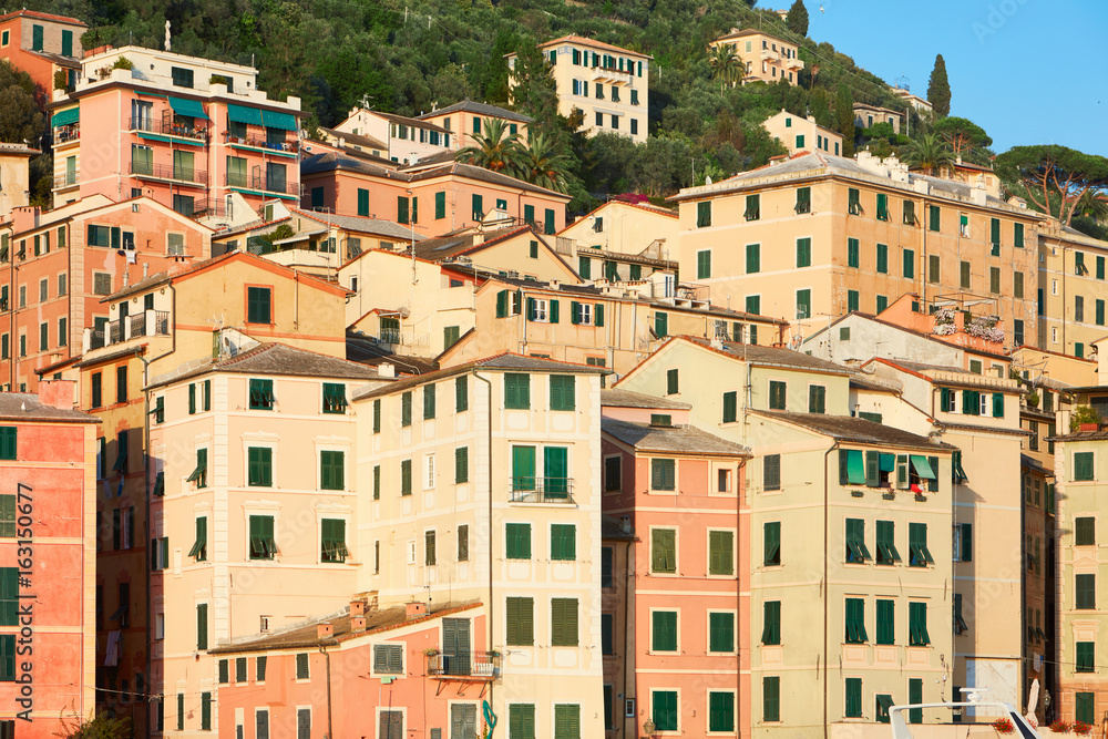 Camogli typical Italian village with colorful houses, Liguria in a sunny day