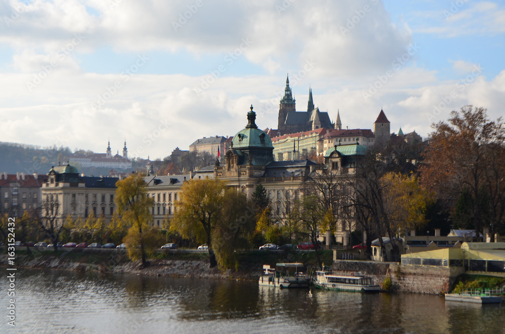Stefanik's Bridge View of Straka Academy at Vltava River in Prague, Czech Republic