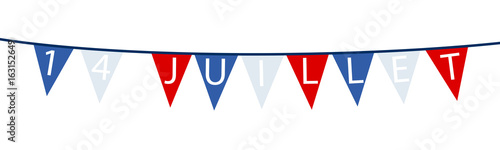 Vector illustration of bunting in French national colors reading `14 Juillet` isolated on white background