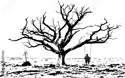 A child wearing a gas-mask swinging on a swing