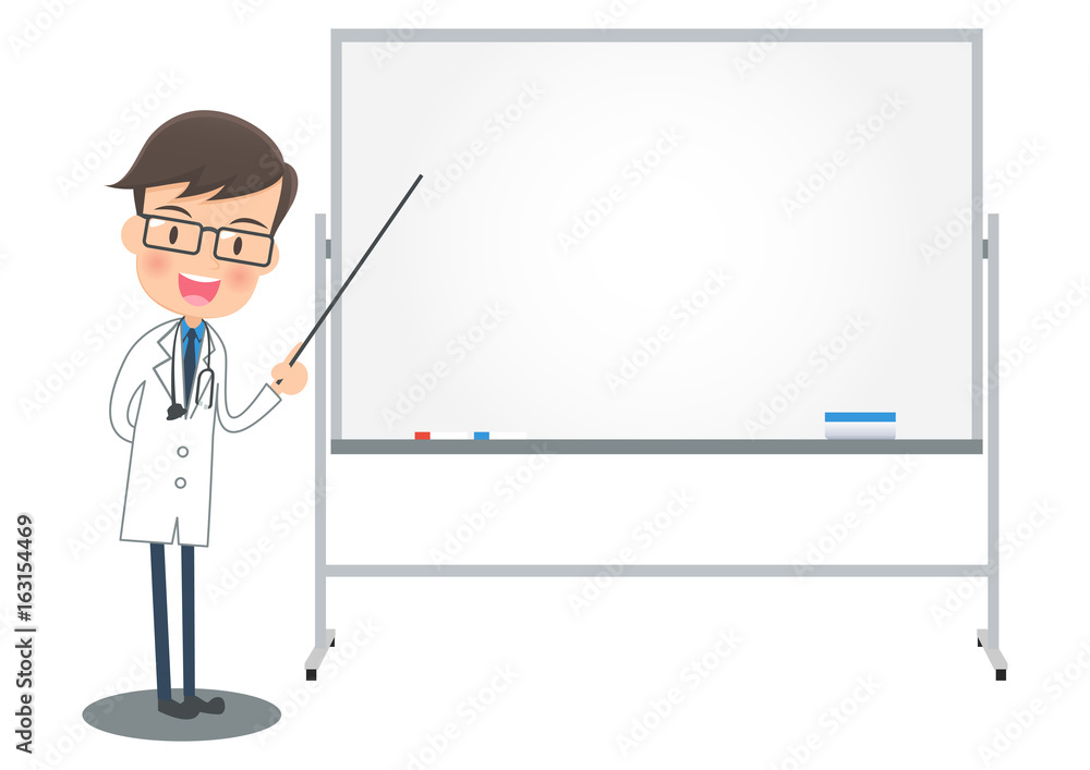 ホワイトボードを使って説明する白衣の医者
