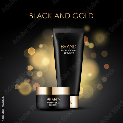 Black and gold cosmetics package template on abstract blurred background, vector design