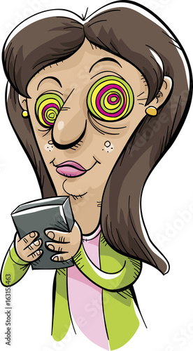 A cartoon woman who is hypnotized and addicted to her smartphone.