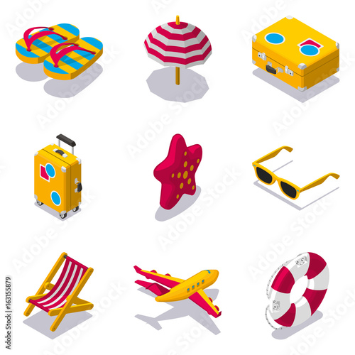 Set of beach vacation isometric icons