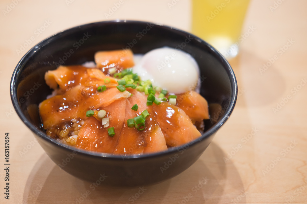 Slice of salmon with japanese rice and onsen egg Slice of salmon with japanese rice and onsen egg