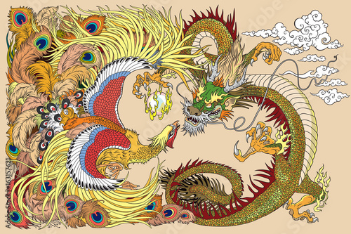 Dekoracja na wymiar  chinese-dragon-and-phoenix-feng-huang-playing-with-a-pearl-ball-vector-illustration