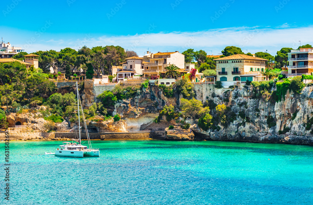 Beautiful view of the coast of Porto Cristo on Majorca island, Spain Mediterranean Sea - obrazy, fototapety, plakaty 