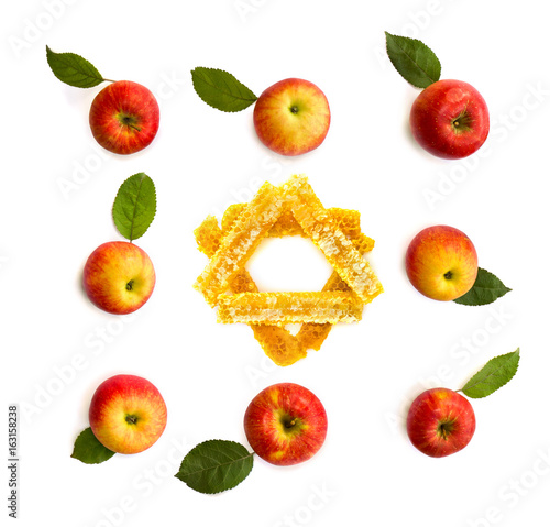 Ripe yellow-red juicy apples and leaves apple tree on white background with space for text. Top view, flat lay