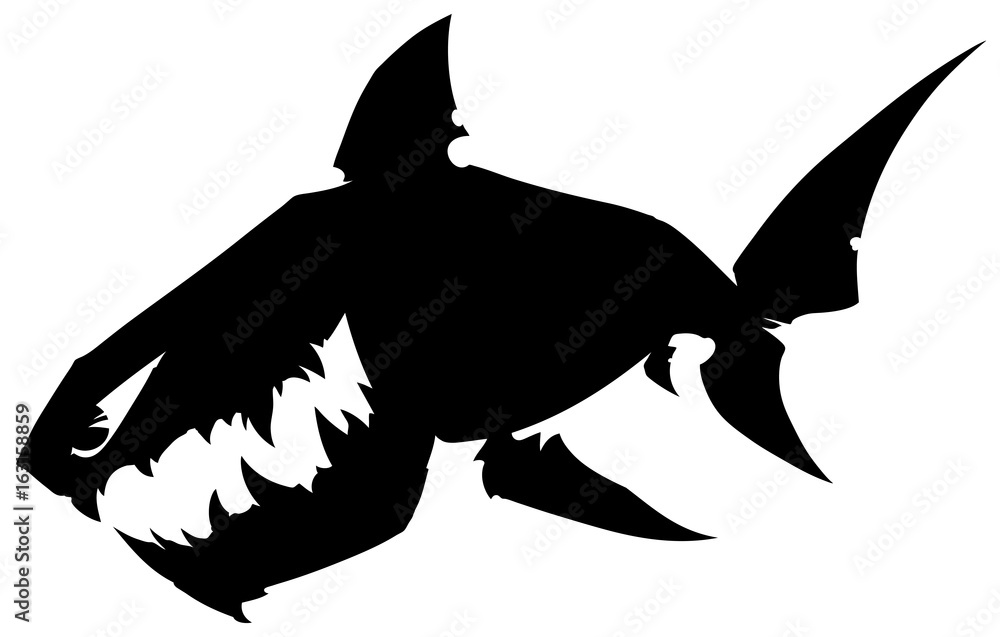 Obraz premium Black graphic cartoon silhouette shark with sharp teeth