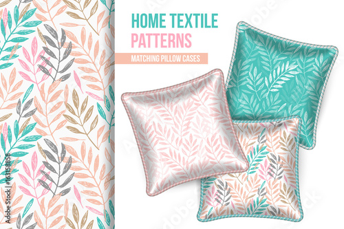 Pattern and Set of 3 matching decorative throw pillows with this pattern applied. Patterned cushion. Tropical leaves foliage pattern. Vector illustration.