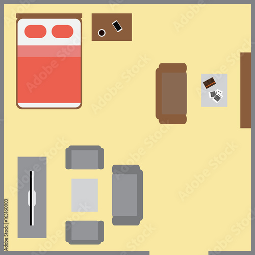 Bedroom interior design with bed, wardrobe, workplace with computer and table top view realistic modern living room vector illustration