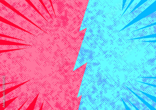 Bright pop art comic style opposite sides conflict abstract page template. Blank story retro layout template representing opposite sides divided by border. Spotted and bright. Easy to change colors
