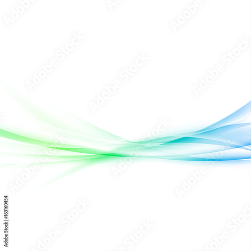 Fresh abstract spring smooth waves background. Bright gradient smoke swoosh elegant soft green and blue gradient light lines border over white layout