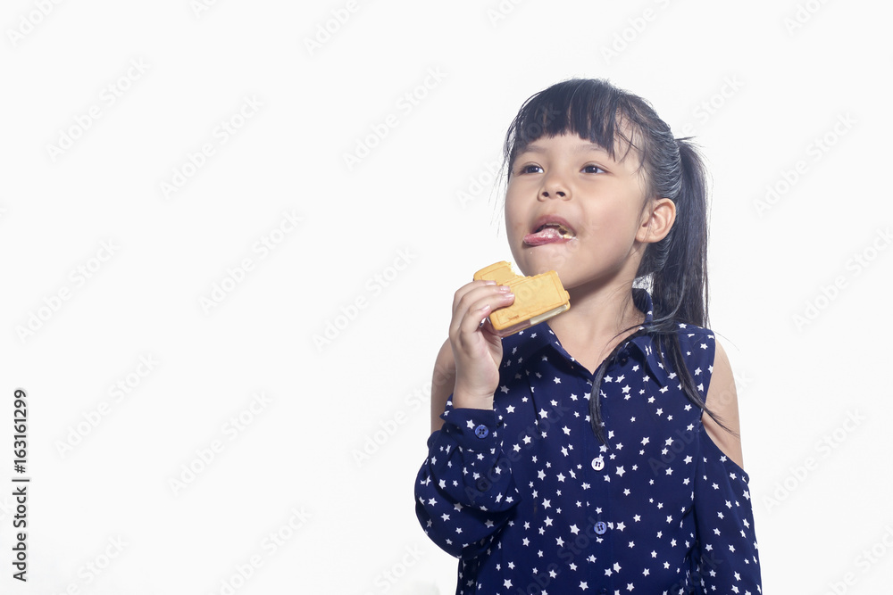asia cute girl eating ice cream dessert on white background asia cute girl eating ice cream dessert on white background