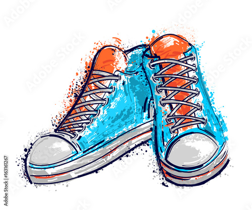Sport shoes sneakers in watercolor sketch style. Isolated elements. Vintage hand drawn vector illustration