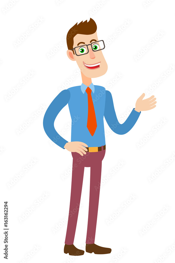 Hipster Businessman inviting or showing somewhere Hipster Businessman inviting or showing somewhere