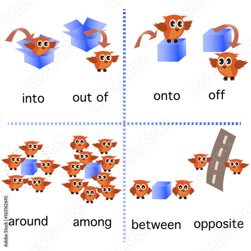 Preposition english grammar with Owl motion for preschool. vector illustration.