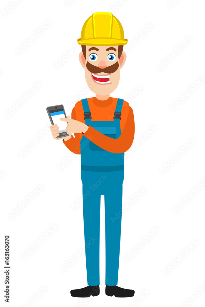 Builder using mobile phone Builder using mobile phone