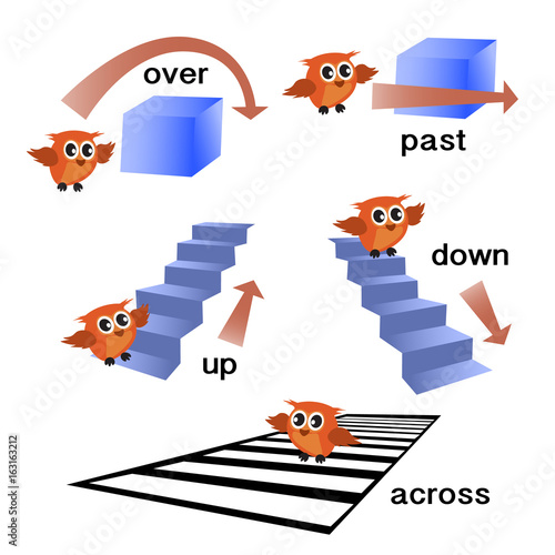 reposition english grammar with Owl motion for preschool. vector illustration.