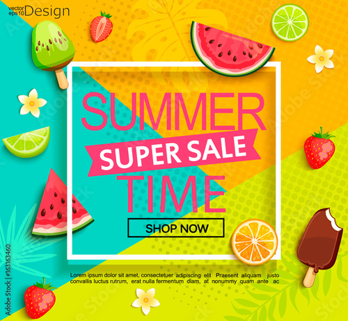 Summer super sale banner with fruits.