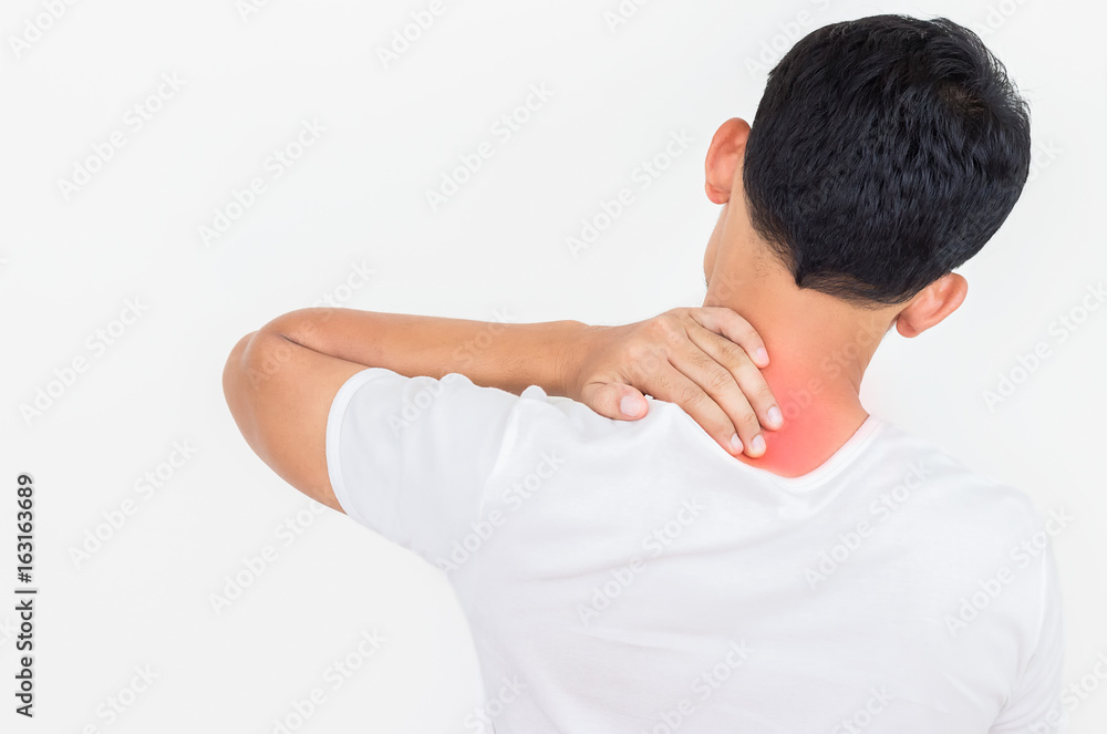 Young man feeling exhausted and suffering from neck pain, Health concept. Young man feeling exhausted and suffering from neck pain, Health concept.