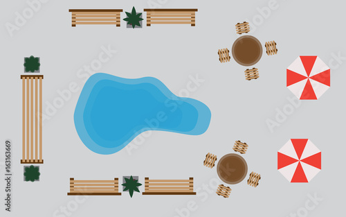 Set of vector wooden benches and treetop symbols. Collection for landscaping, top view, plan,