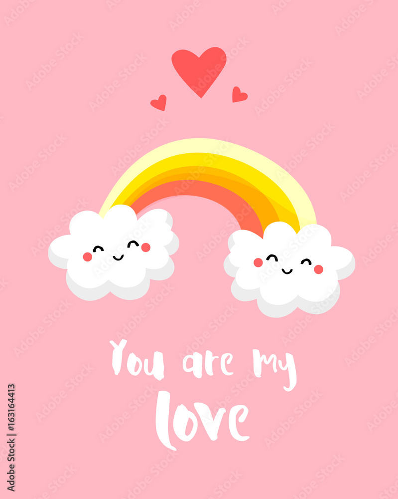 Love card with funny clouds and rainbow on pink background. You are my love. Comics style. Vector.
