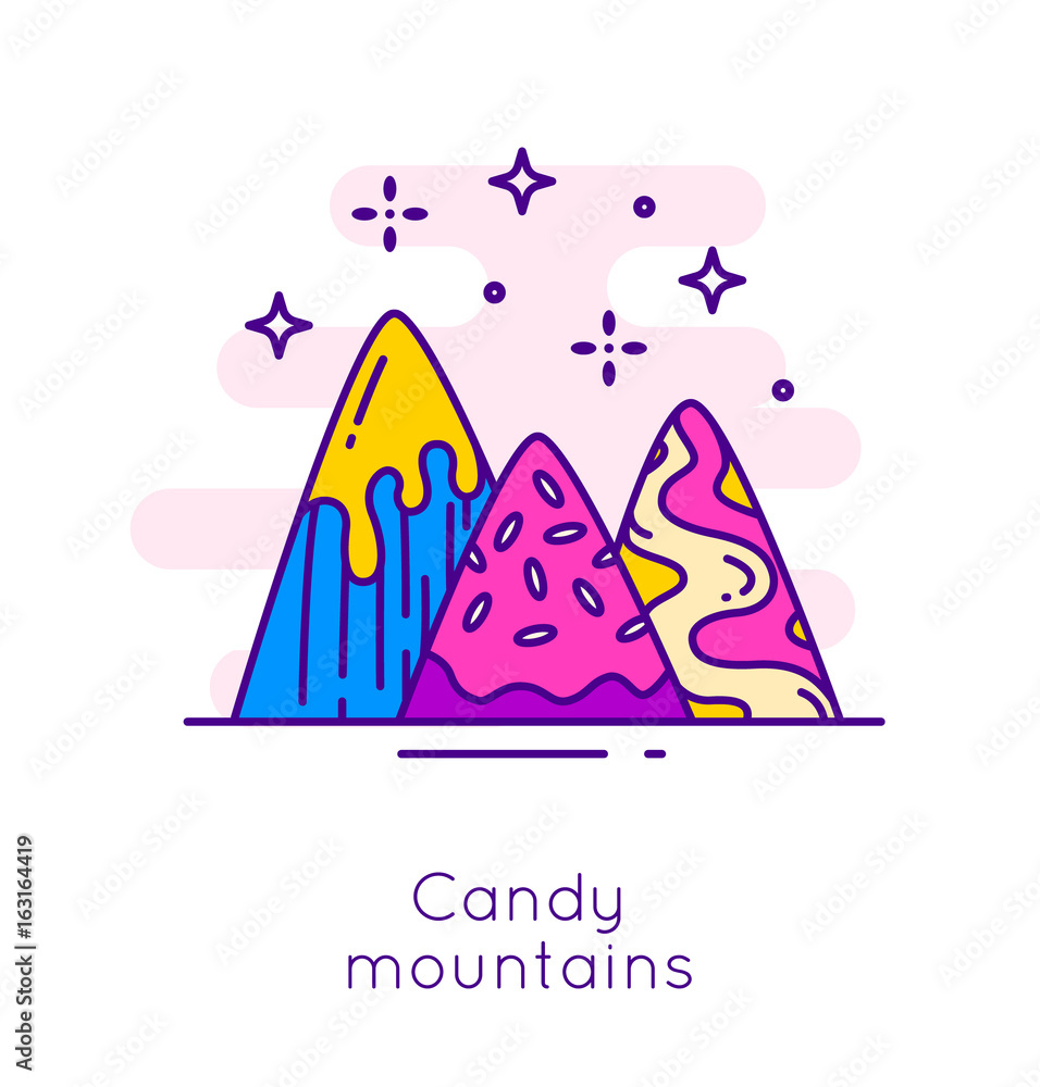 Candy mountains and stars in thin line flat design. Sweet dessert vector banner. Candy mountains and stars in thin line flat design. Sweet dessert vector banner.