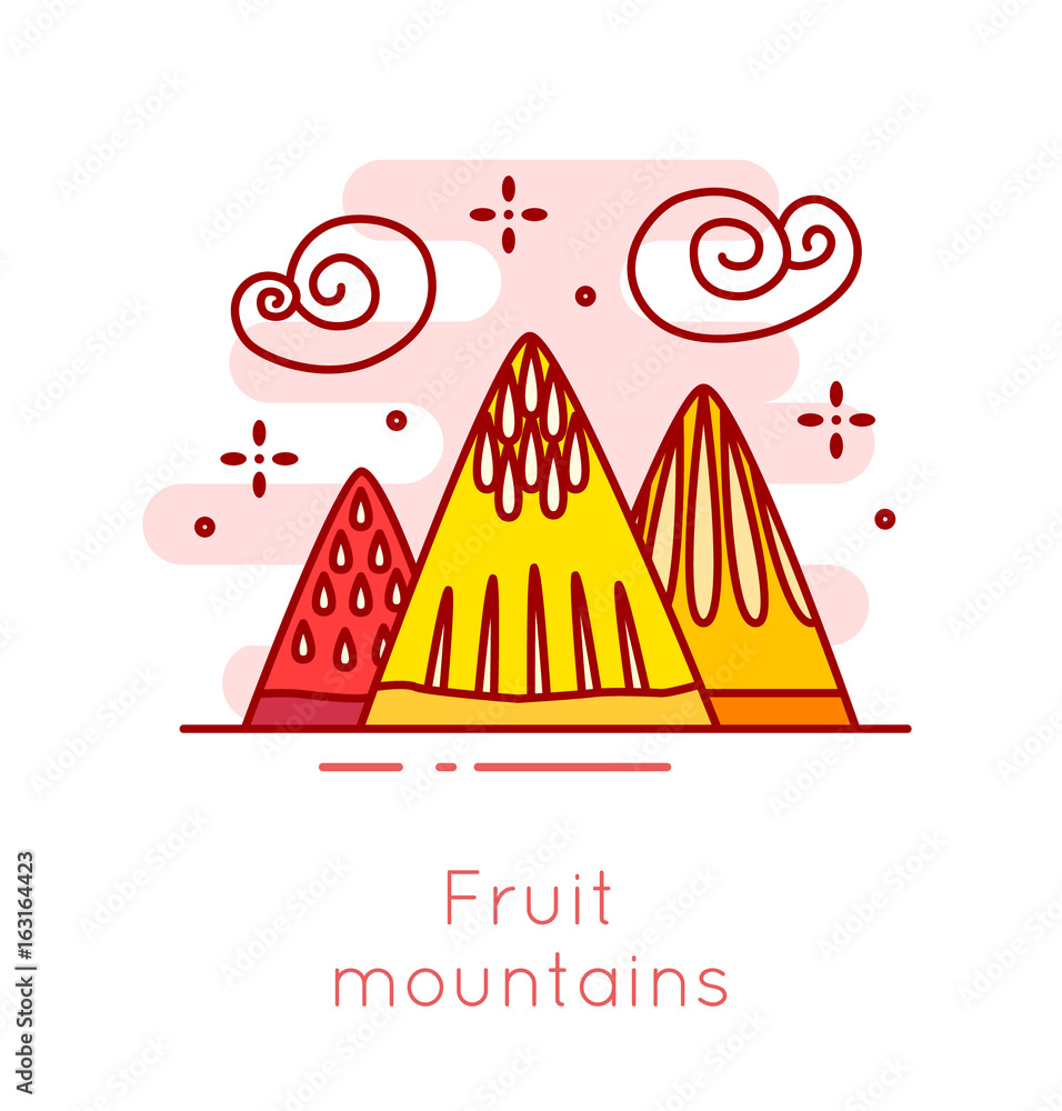 Fruit mountains and cotton candy clouds in thin line flat design. Fun food vector banner. Fruit mountains and cotton candy clouds in thin line flat design. Fun food vector banner.