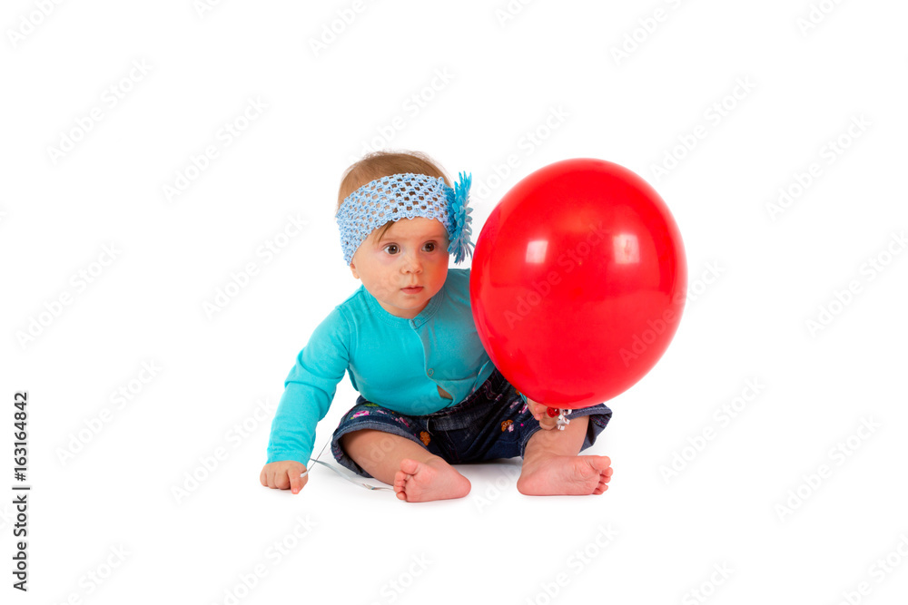 Baby girl on white background with balloon Baby girl on white background with balloon