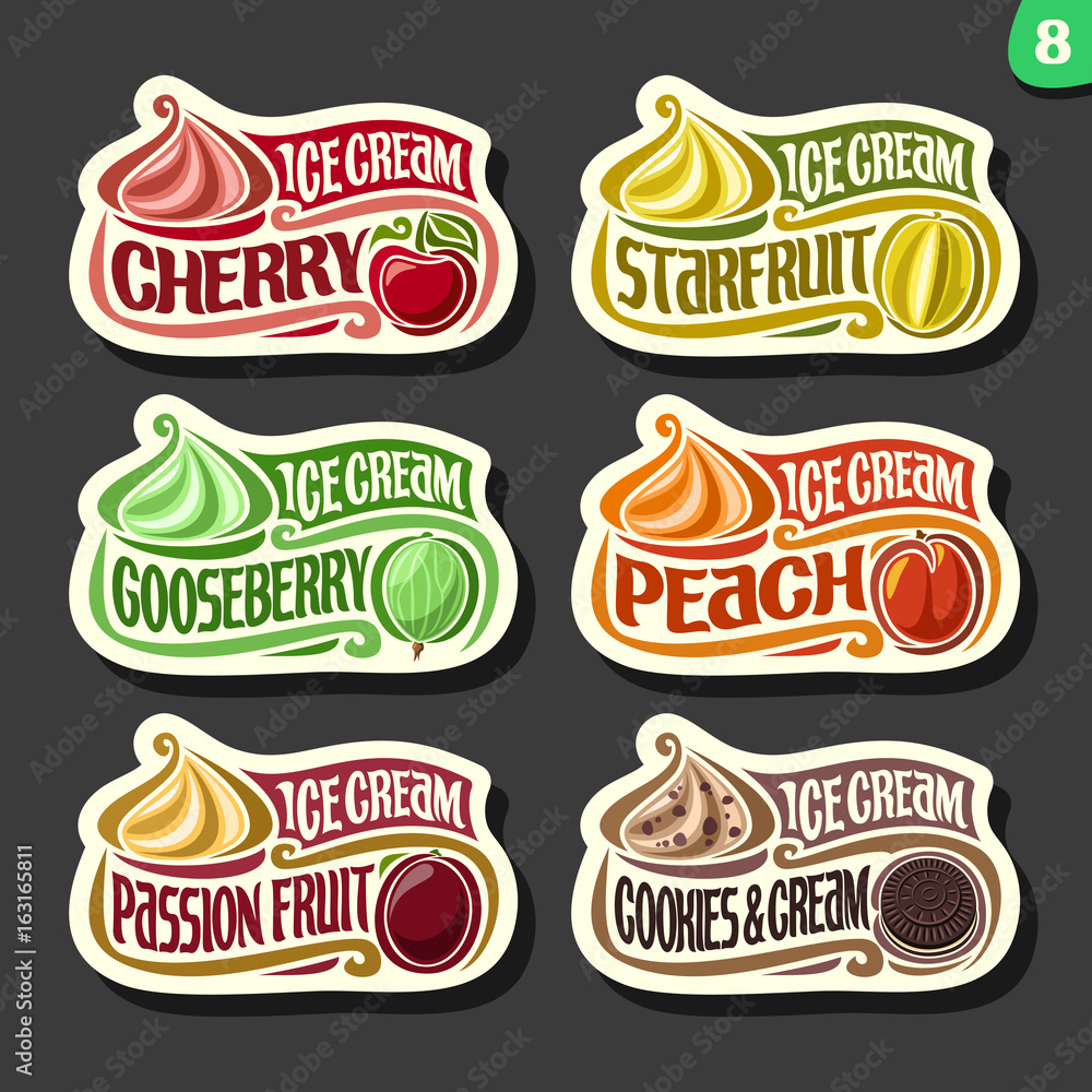 Vector set of fruit Ice Cream labels 6 logos of different flavor