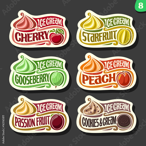 Vector set of fruit Ice Cream labels: 6 logos of different flavor italian icecream dessert, six art icons with title - ice cream, on black background, soft mixed gelato ice cream served of swirl cone.