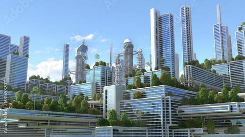 Plakat 3D ilustracja futurystycznego "zielonego" miasta z wysokimi budynkami i tarasami pokrytymi roślinnością, dla środowisk architektury środowiskowej.