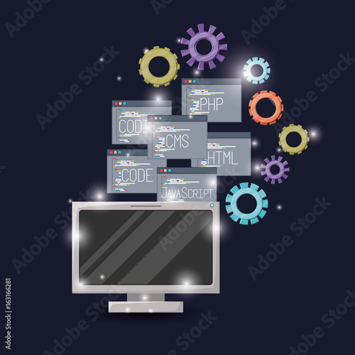 blue dark background with brightness of display computer and gears mechanism with set program windows of programming language codes vector illustration