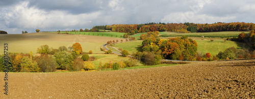 Bunter Herbstwald, grüne Felder und Acker bei Raversbeuren im Hunsrück Panorama
