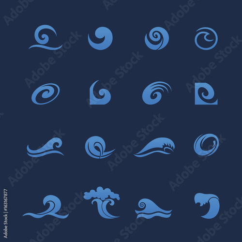 blue water waves icons set. Waves vector isolated icons. Water ocean wave splash, tide water rollers, stormy curling, boiling and seething blue sea waves photo