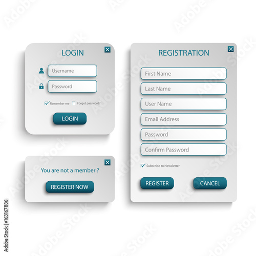 Collection login and register web screen with atypical buttons