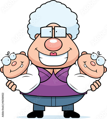 Happy Cartoon Grandma with Twins
