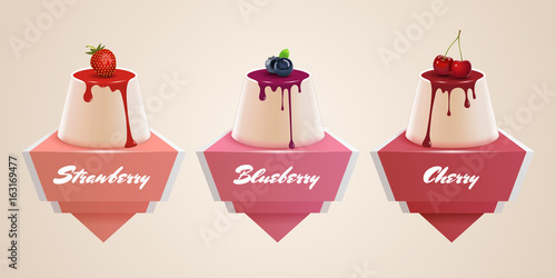 Vector panna cotta stickers. Vintage banners with fresh berries. Strawberry, cherry and blueberry. Traditional Italian dessert.