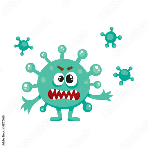 Ugly green virus, germ, bacteria character with human face, cartoon vector illustration on white background. Scary bacteria, virus, germ monster with human face and sharp teeth