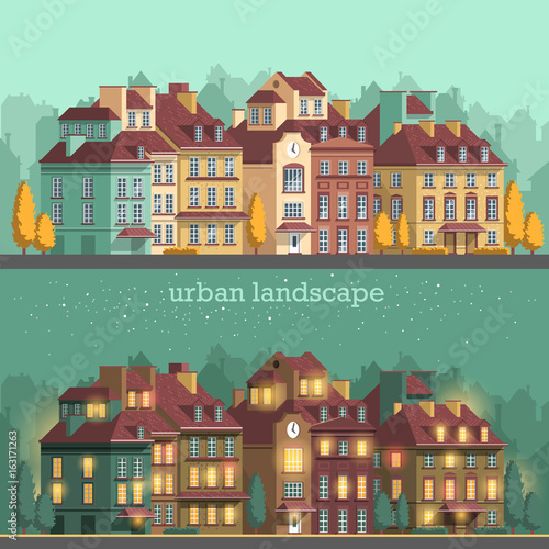 European city with historical buildings. Traditional architecture landscape. Night illumination, day city, night city. Flat vector illustration. 3d style. 