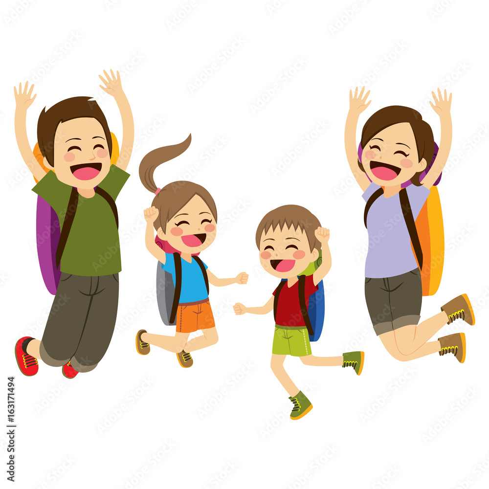 Happy family jumping on mountain travel vacation Happy family jumping on mountain travel vacation