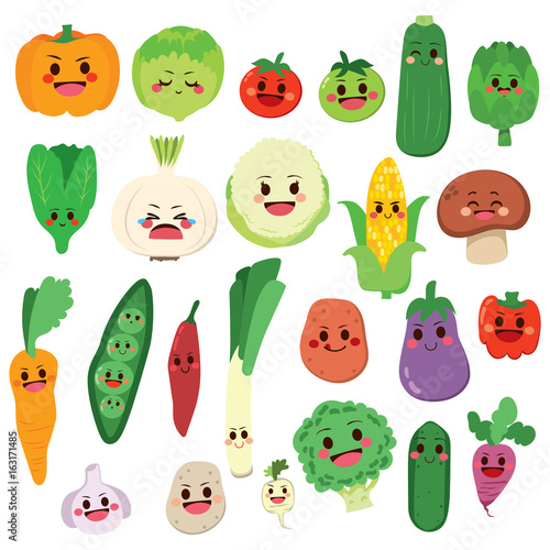 Set of cute fruit and vegetable cartoon characters