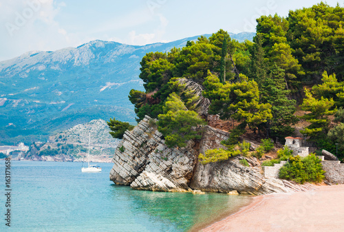 View and beach next to Sveti Stefan island in Budva, Montenegro